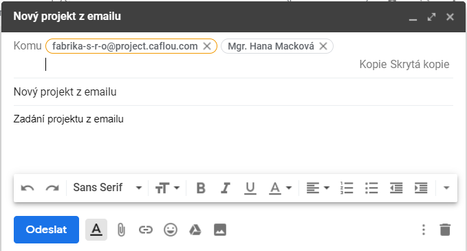 Ukázka emailu s projektem