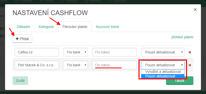 Párování plateb v modulu Cashflow