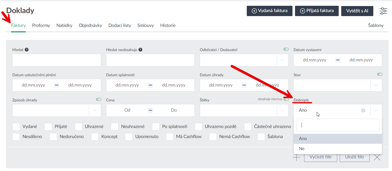 Dobropisy v přehledu faktur