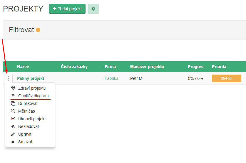 Jak otevřít Gantt diagram projektu