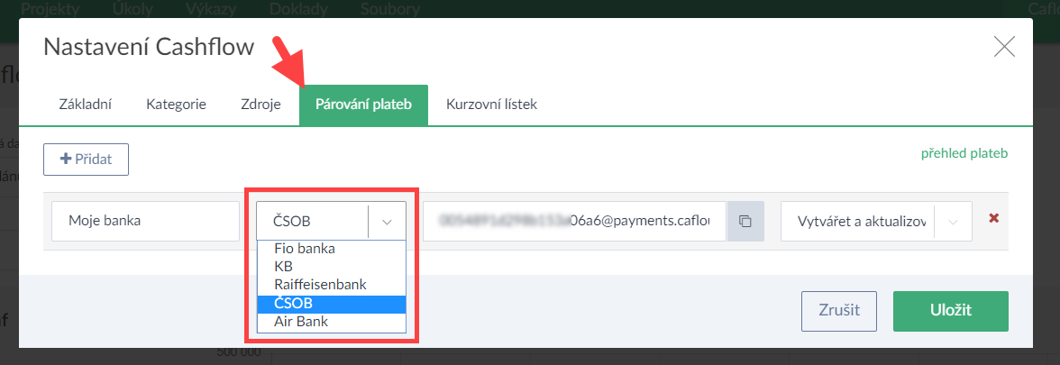 Párování plateb v cashflow