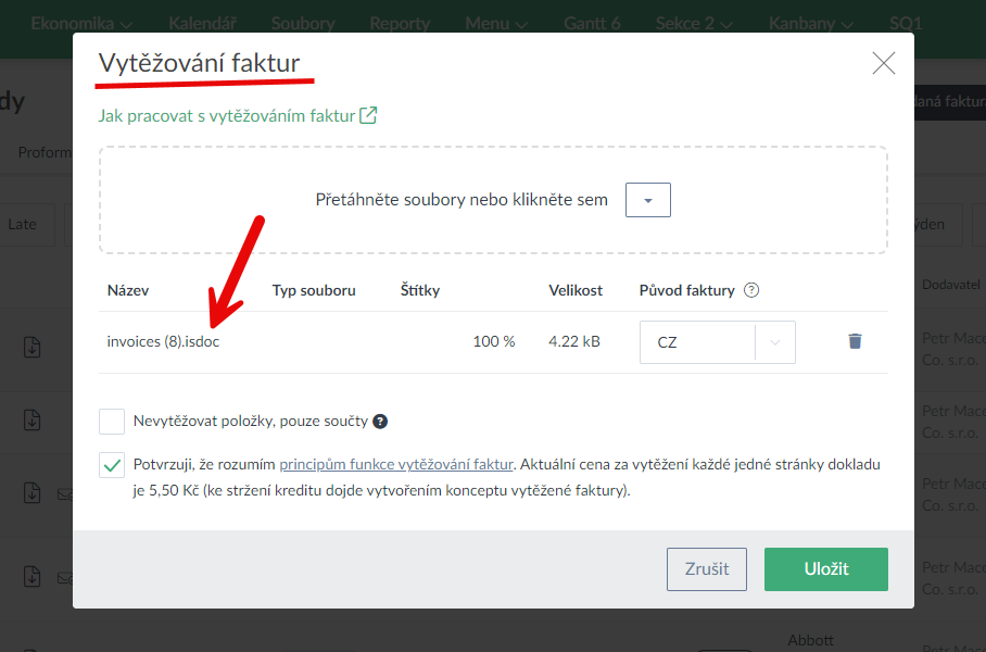 Import faktur - isdoc a pdf s isdoc zaslané do vytěžení