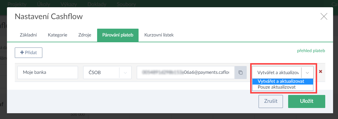 Párování plateb v modulu Cashflow