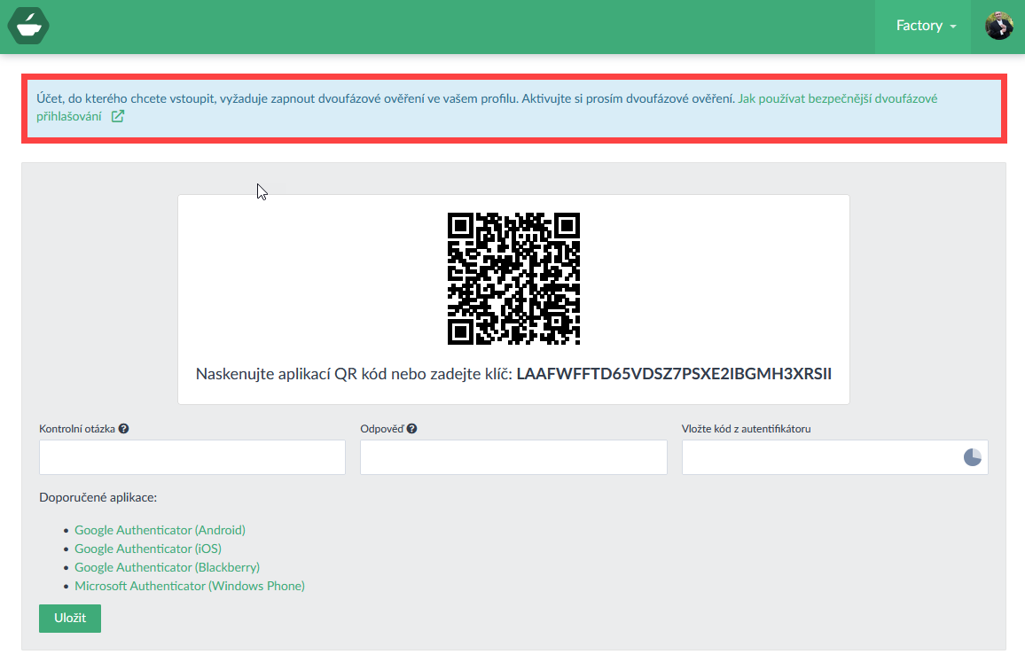 Povinné dvoufázové ověření - uživatel